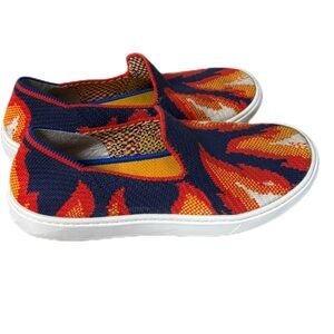 Rothy's The Kids Sneakers Flame Fire Pattern Slip On Red Orange Blue Size K3